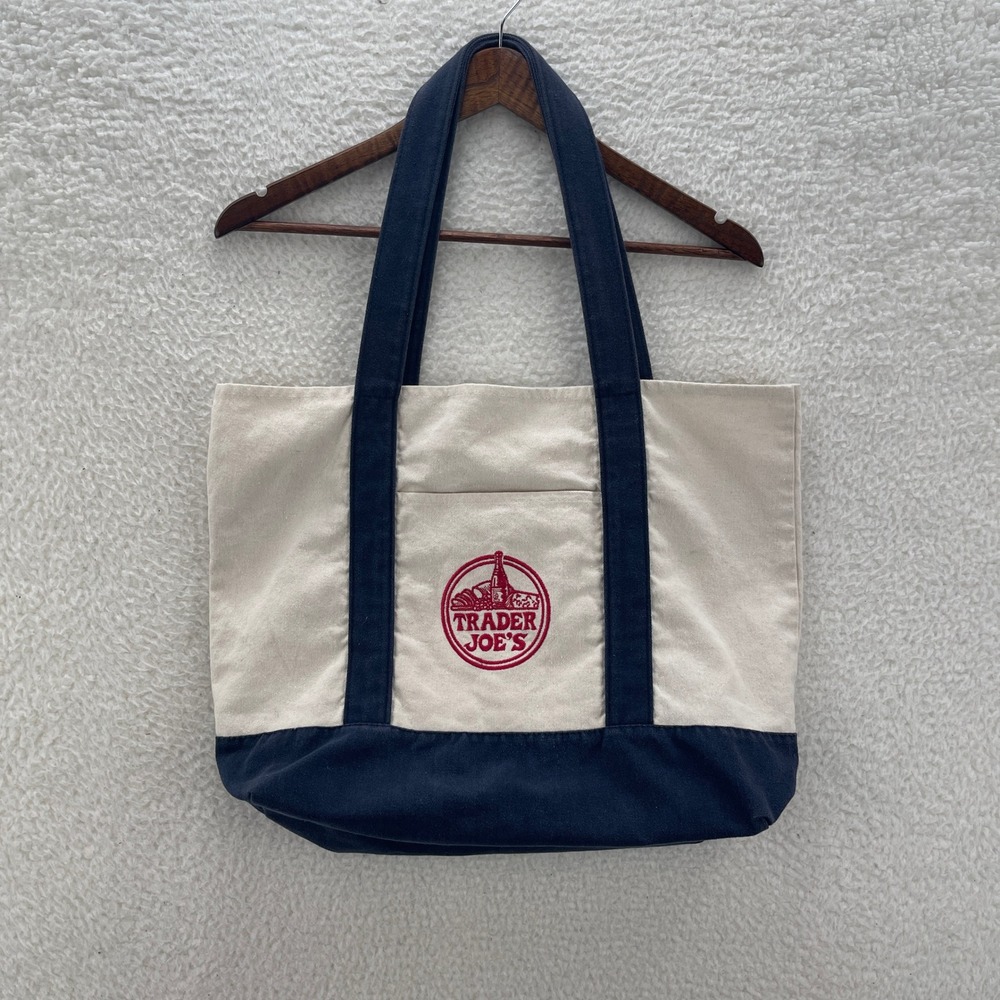 Trader Joes Canvas Tote Bag Navy Blue Cream Reusable Grocery Shopping Bag Eco